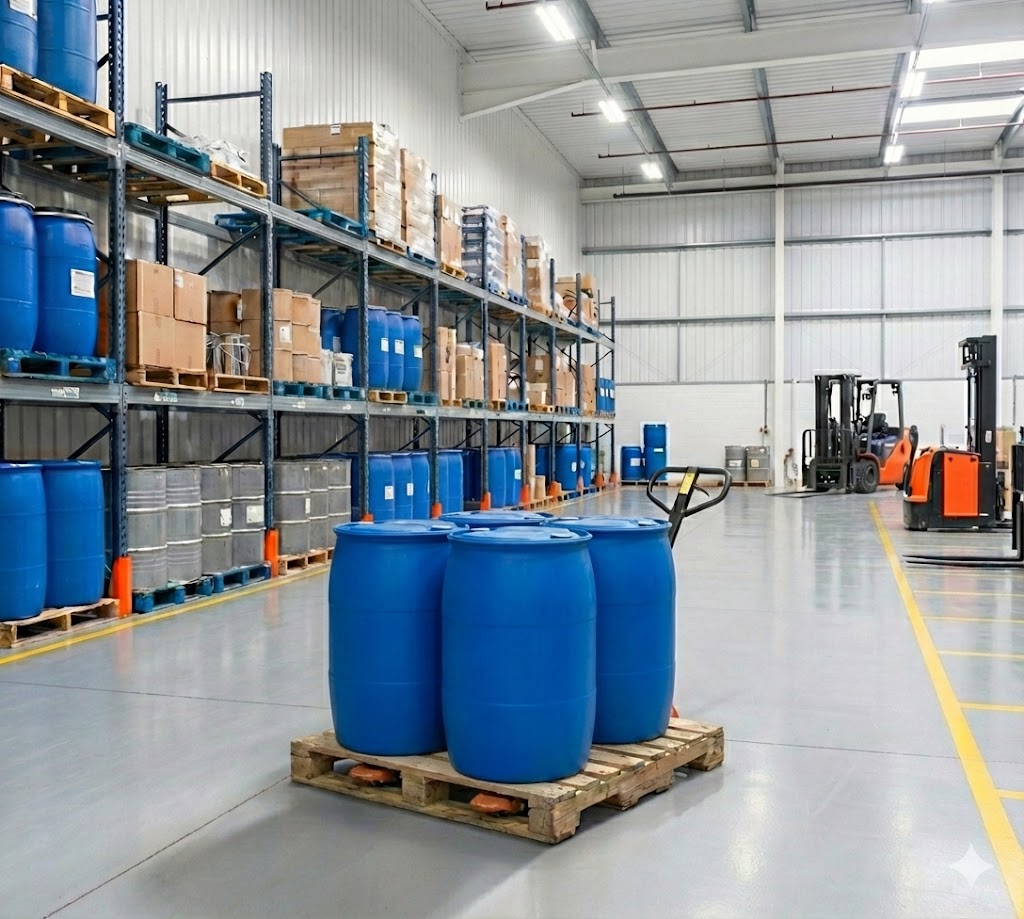 Pallet of reconditioned blue plastic tight-head drums ready for industrial shipping