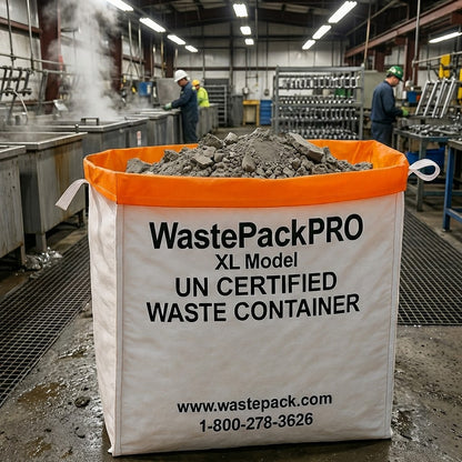 WastePackPRO XL Model waste container in a factory setting with workers and equipment.